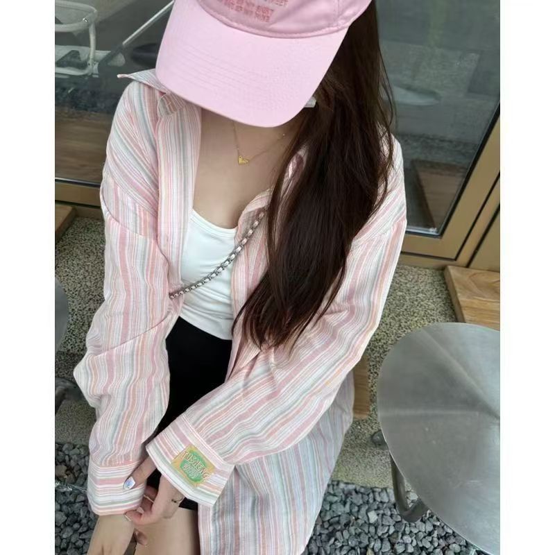竖条纹樱桃刺绣棉质衬衫女春款防晒外套休闲宽松百搭开衫上衣严选|undefined