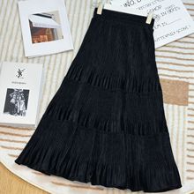 多巴胺黑色半身裙女春秋复古垂感字百褶裙显瘦高腰外穿蛋糕长裙