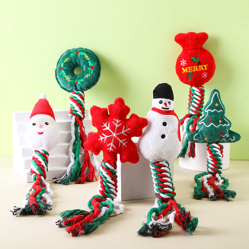 New Cross-border Christmas Cotton Rope Pet Plush Toy for Chewing and Biting, Cartoon Self-Having Dog Toy, Cat Supplies