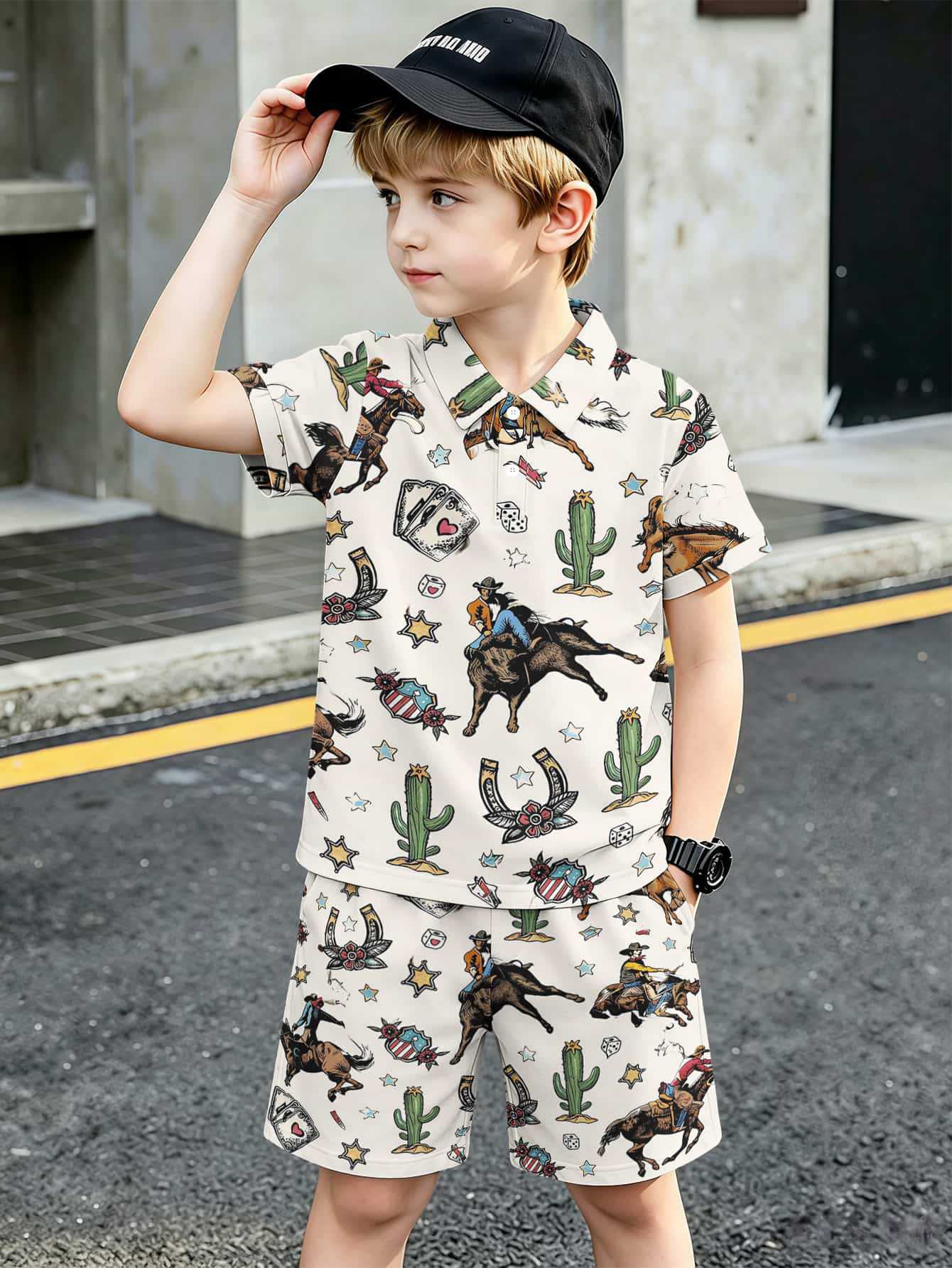 Ensemble polo et short style ethnique pour garçon européen_voghion.com