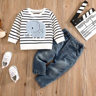 Cross-border INS baby boys' spring and autumn baby elephant striped long-sleeved shirt Denim trousers fashion suit fashion