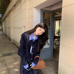 2025新款假两件复古蓝色小香风外套女早秋高级感翻领宽松休闲上衣