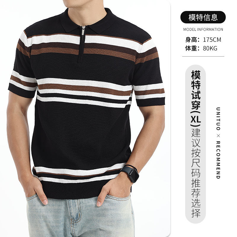 Europa y Estados Unidos polo transfronterizo ligero comercial casual a rayas con solapa papá verano camisa de punto de manga corta polo hombre