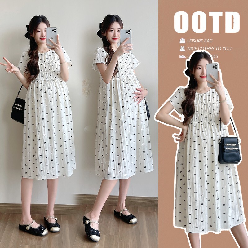 Pregnant Women dress Short-sleeved Butterfly Dot Loose Slimming Belly Covering Age-reducing Mid-length 2025 New Summer Round Collar Fashion Mom