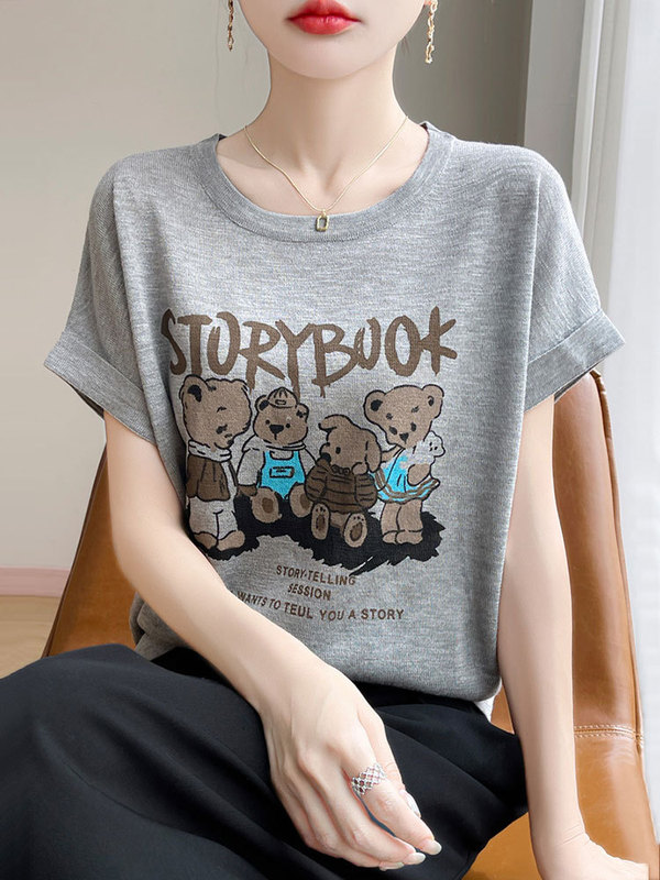 【メーカー直送】ラウンドネックテンセル半袖Tシャツレディース夏新作クマプリントアイスシルクセータートップス|undefined
