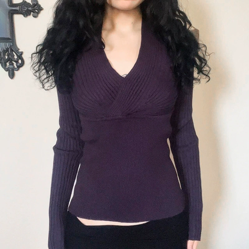 большая распродажа по низкой цене # Элегантный однотонный тонкий свитер с V-образным вырезом и глубоким вырезом в форме креста, в простом и повседневном стиле.