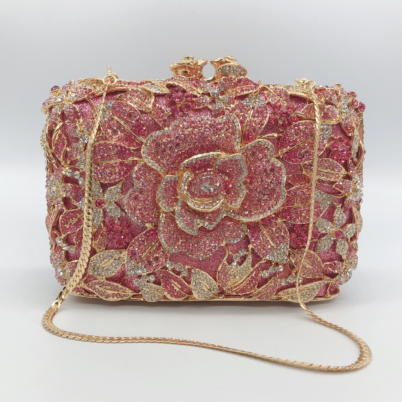 Túi clutch dạ hội nạm kim cương họa tiết hoa hồng rỗng cầm tay — Màu sâm panh chi tiết 1