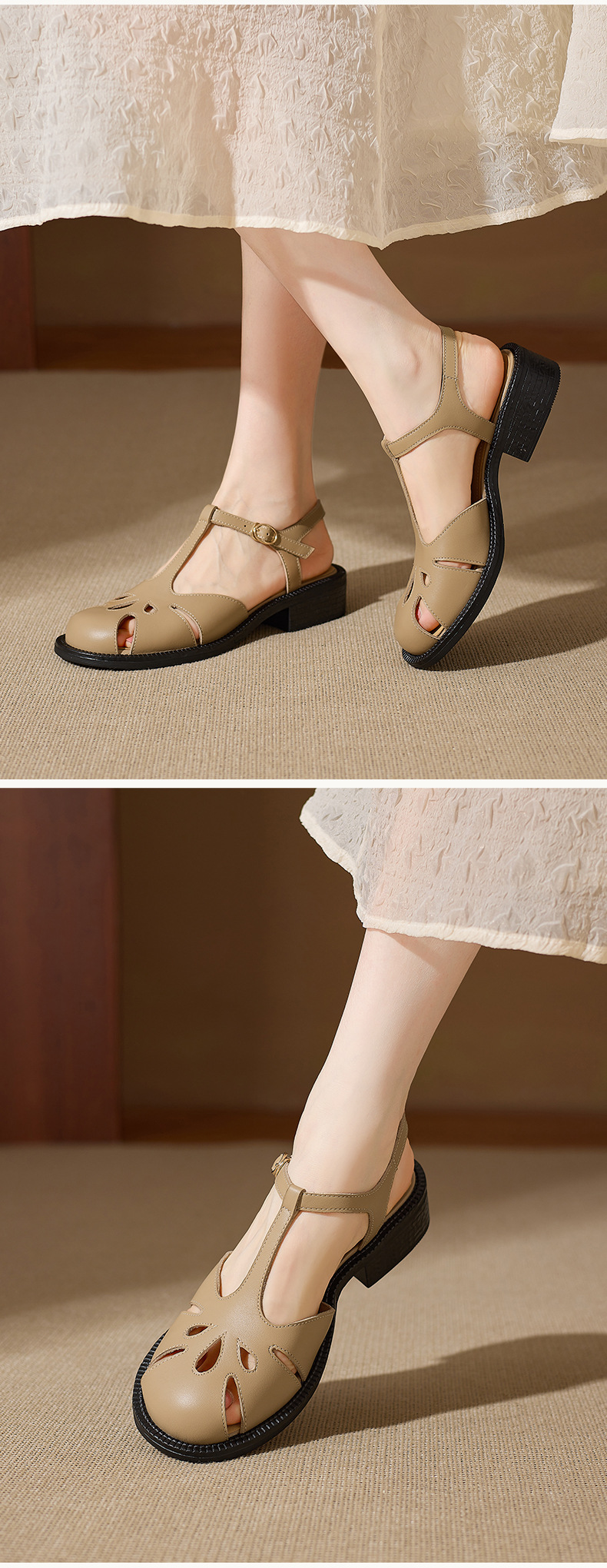 Sandal nữ da bò kiểu La Mã quai chữ T gót thấp — màu nâu chi tiết 7