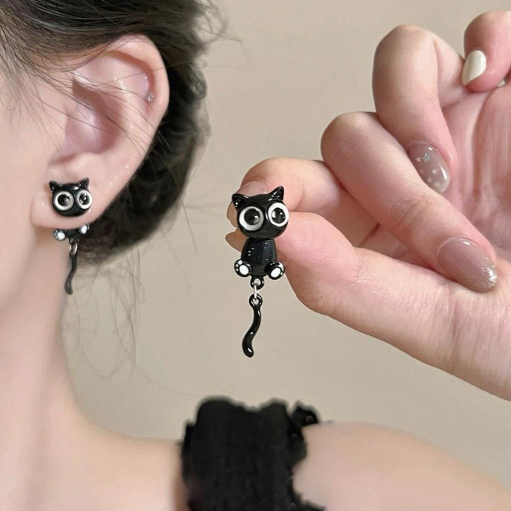Cartoon Black Cat Ear Stud Set for Women, Silver Needle Cat Tail Cute Niche Design Student Earrings