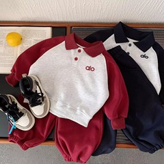 秋季儿童POLO卫衣套装中小童刺绣翻领卫衣卫裤男女童撞色两件套