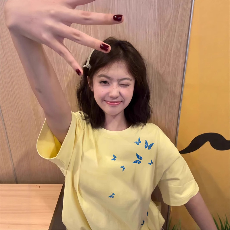 2025 New Popular Pure Cotton Short-Sleeved T-Shirt Women's Summer Design Niche American Loose Half-Sleeved Right Shoulder Top