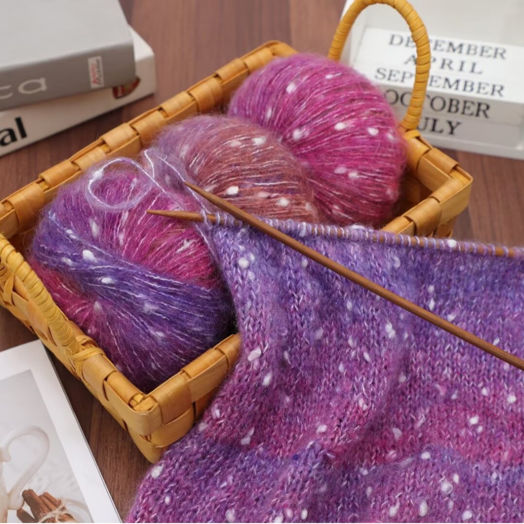 渐变雪花点真丝马海毛彩虹糖豆彩点马海毛手工编织毛衣围巾外套