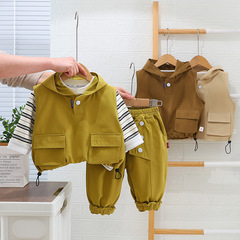 Children's Spring Workwear Vest Set New Male Baby Clothes Kids Hooded Striped Hooded Sweatshirt Three-Piece Set
