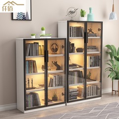 實木帶玻璃門書櫃防塵落地橡膠木書櫥現代簡約儲物櫃可調節收納櫃