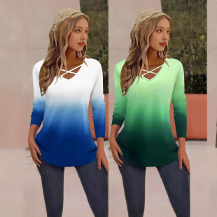 European and American fashion elegant spring and autumn new V-neck cross belt gradient women's long sleeve T-shirt