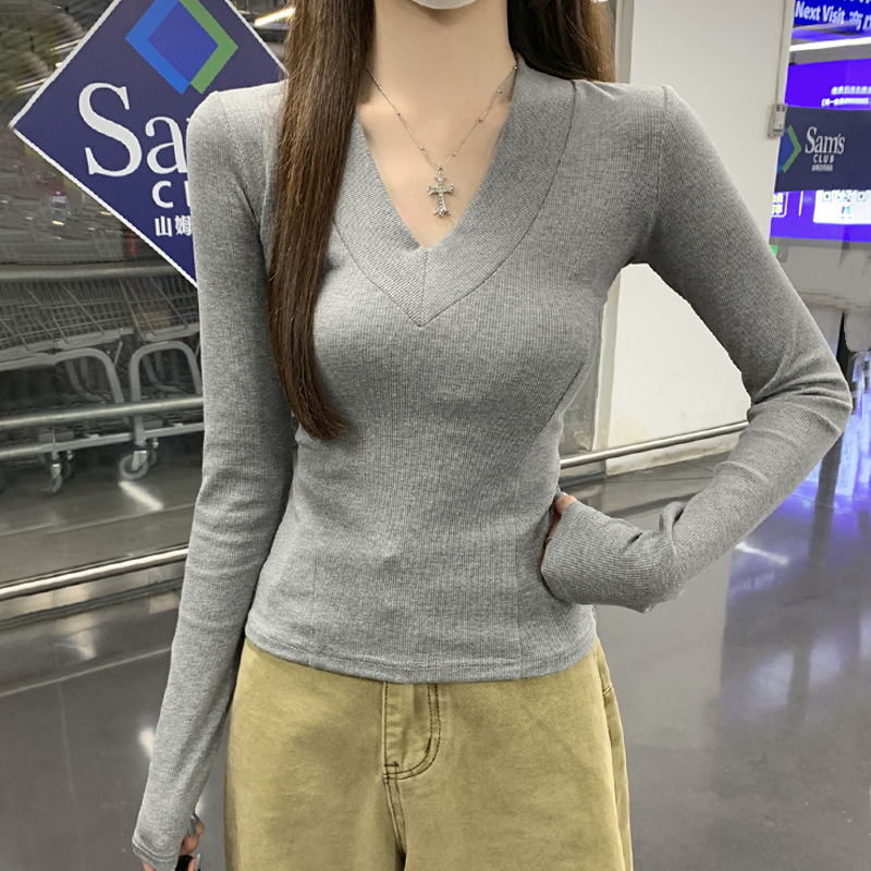 韩版心机V领鱼骨线修身长袖打底衫女秋纯欲正肩纯色短款t恤上衣新|undefined