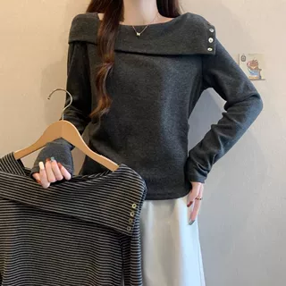 大码德绒设计感一字领条纹长袖T恤女秋冬季新款胖mm显瘦外穿上衣