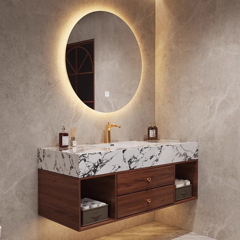 Rock Slab Seamless Integrated Basin Black Walnut Color Bathroom Cabinet Set Washbasin Sink Vanity