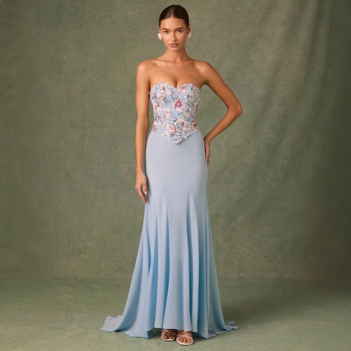 New Aqua Blue Hand-Sewn Floral Gathered Thickened Shaping Bust-Enhancing Long Dress with Mesh See-Through Spaghetti Straps