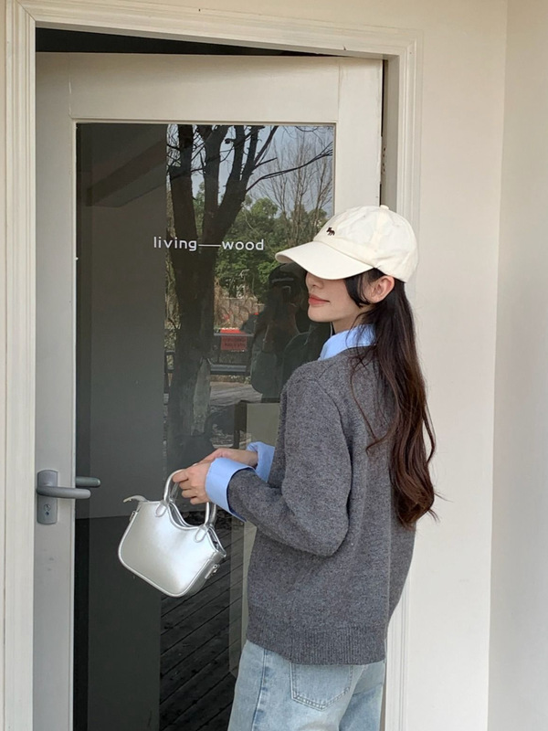 假两件衬衫领毛衣女秋装新款内搭慵懒风撞色翻领灰色针织衫上衣服|undefined