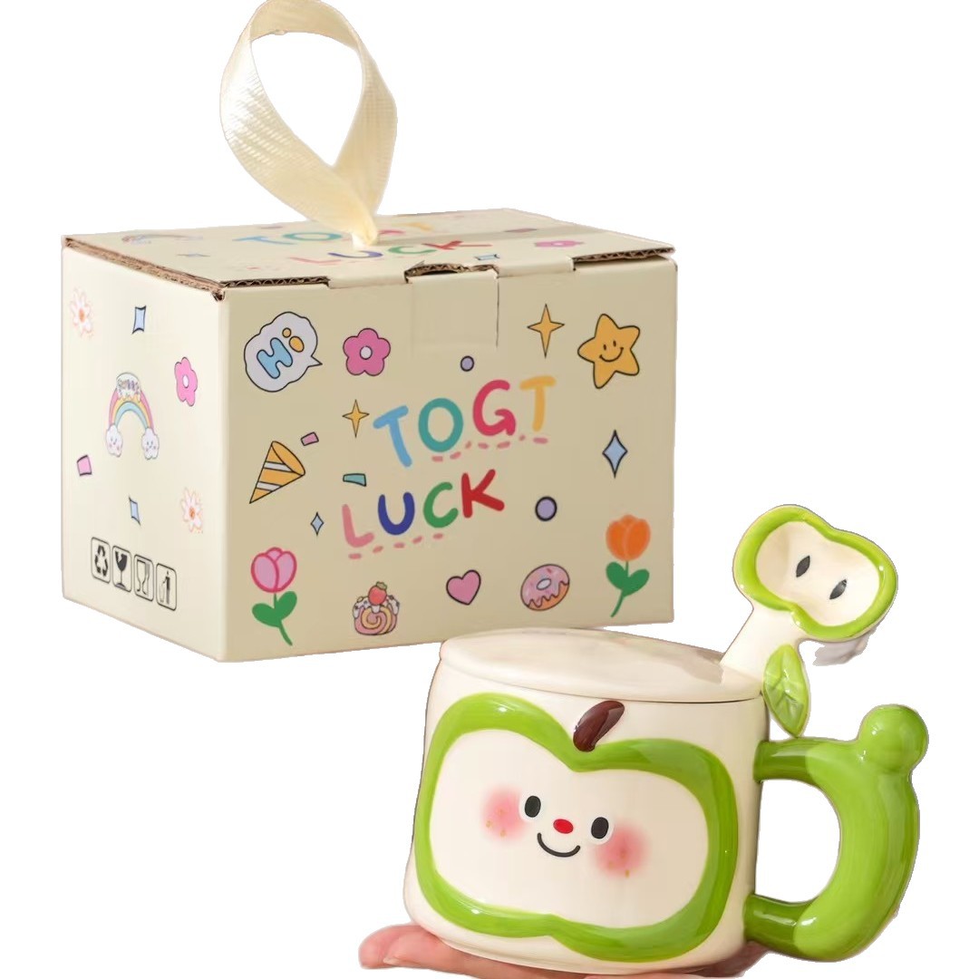 Regalos de cumpleaños creativos lindos tazas de agua de manzana de alto valor facial taza de cerámica con cubierta cuchara práctica acompañante caja de regalo