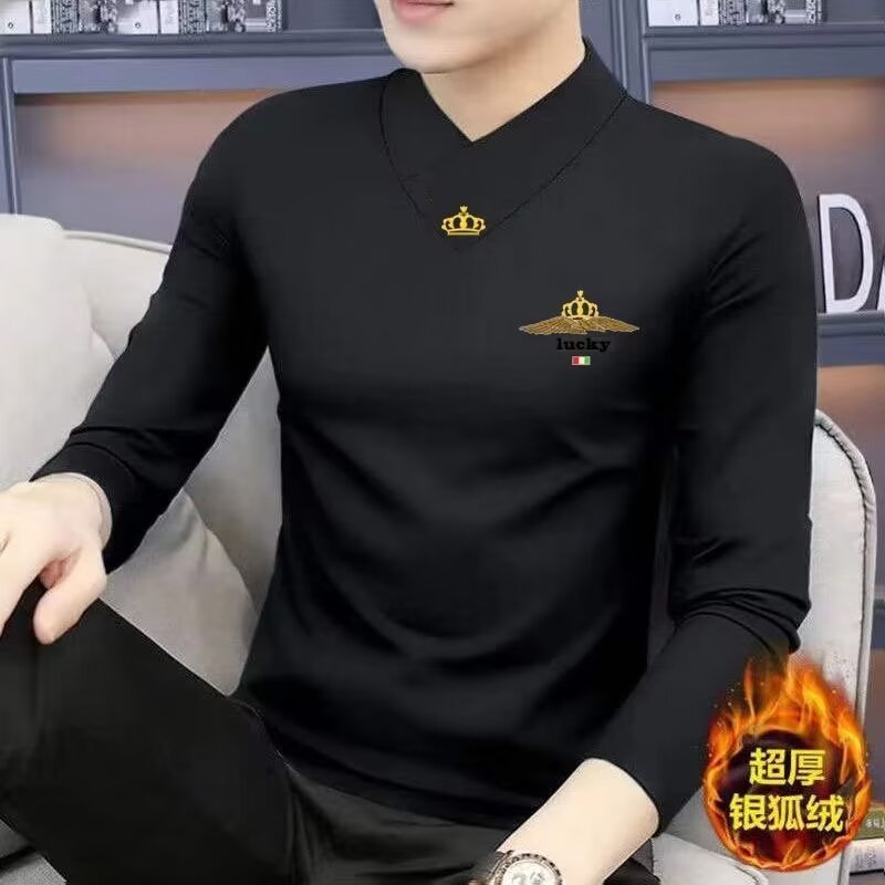 Origen Fabricante Silver Fox Velvet Nueva camiseta de manga larga Otoño e invierno para hombres más terciopelo de gama alta chaqueta cálida con cuello en v camisa de fondo