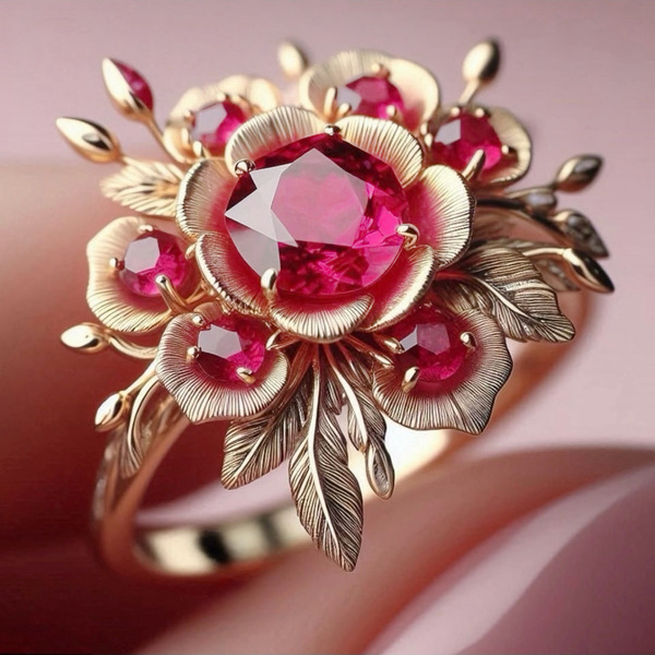 Sanjie 2026 new exaggerated golden pink diamond flower ring