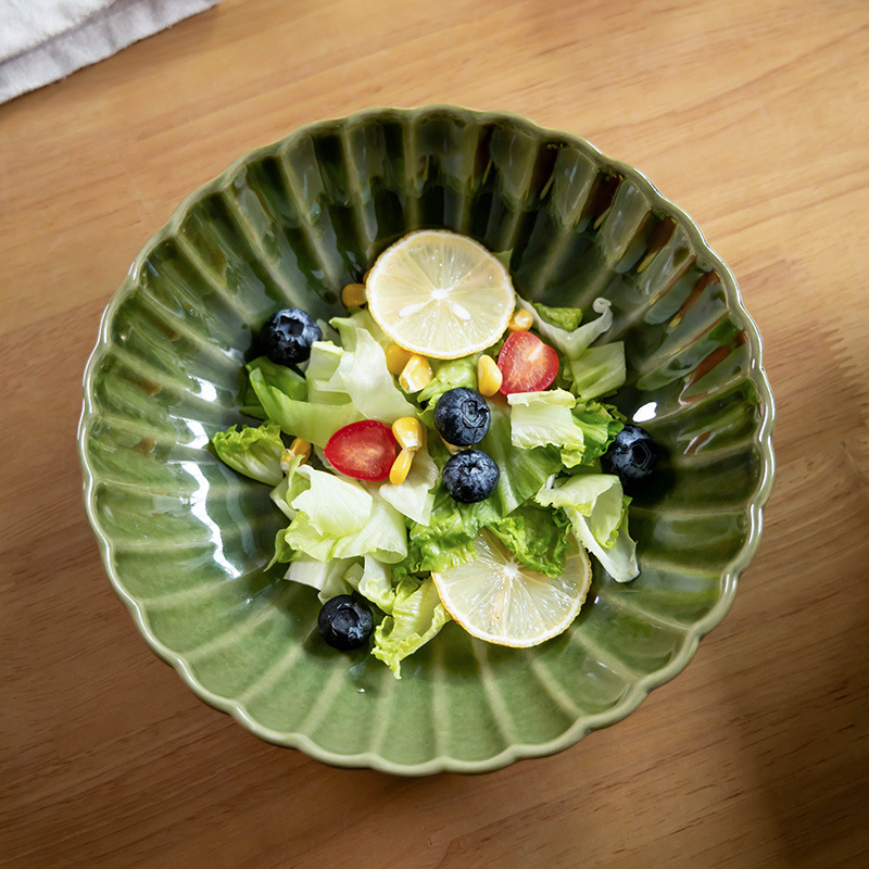 Plato de cerámica verde retro de estilo japonés, vajilla de cerámica, plato de fideos, plato casero, plato de desayuno ceremonial, plato de ensalada de frutas