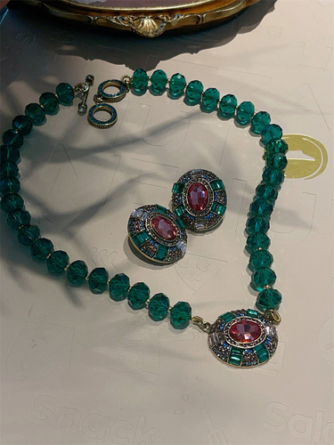 Antique-style silver needle vintage heavy work emerald crystal gemstone earring set high-quality retro earrings eardrops