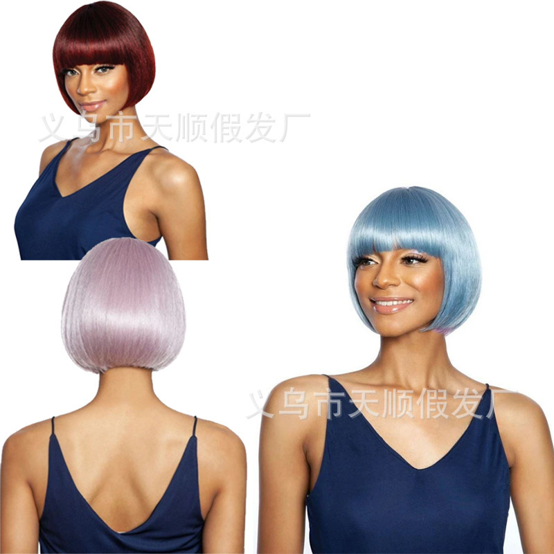 Wig ladies short hair neat bangs bright straight hair bobo head full head real wig headgear factory wholesale