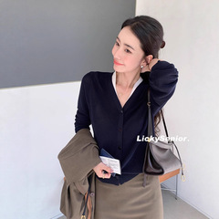 LICKYSENIOR Bi入！醋酸/棉 假两件开衫女气质优雅修身显瘦上衣