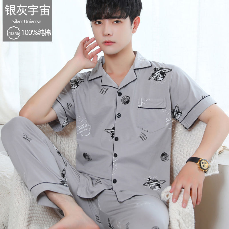 면 잠옷 남자의 여름 얇은 반팔 바지 남자 홈 옷 여름 얇은 면 플러스 사이즈 세트