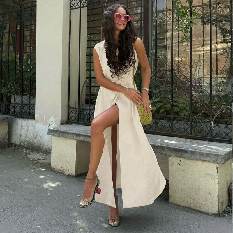 Cross-Border Sleeveless Shirt Dress European and American Style 2026 Spring/Summer New Elegant Casual Turn-Down Collar Tie-Waist Dress