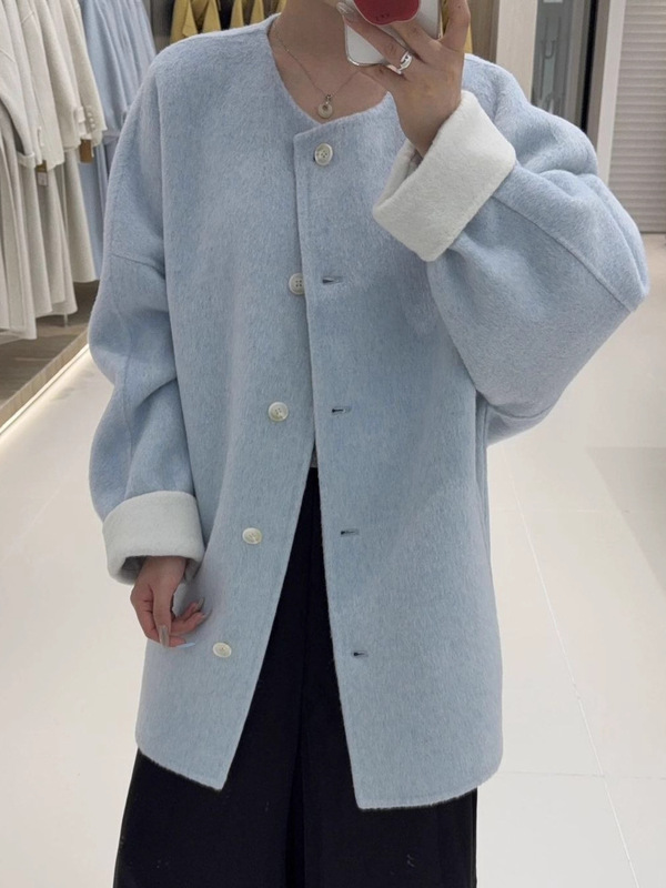 秋冬新款蝙蝠型圆领双色韩版中长款双面呢羊毛大衣女外套|undefined