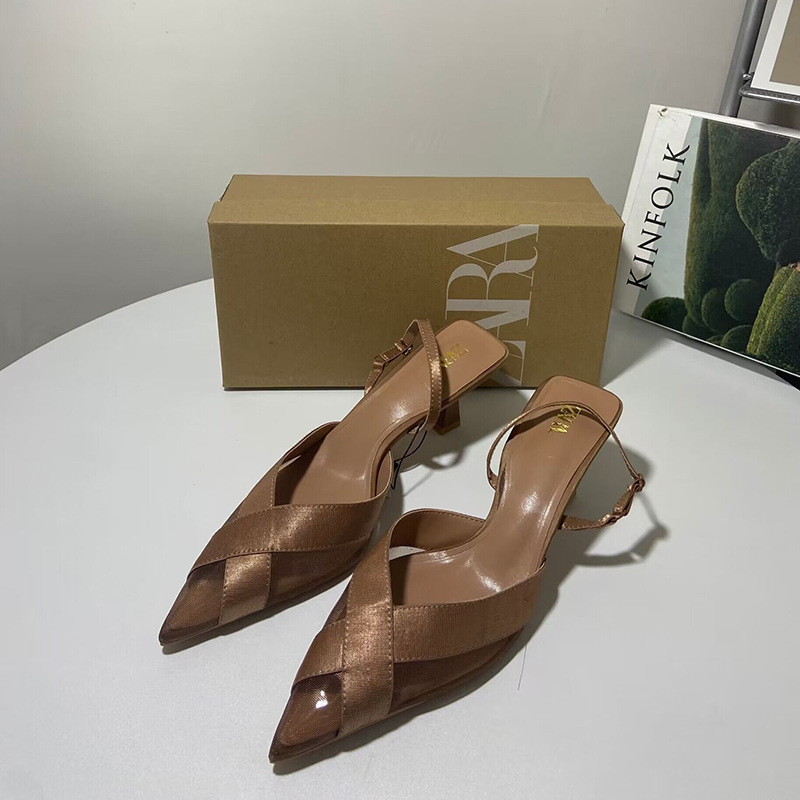 ZA New 2024 Summer Stiletto Splicing with Brown Elegant High Heels Women's Pointed Toe Fashionable Elegant Sandals Women's Trend