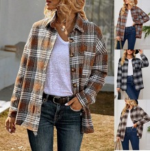 2025欧美跨境女装亚马逊秋冬新款休闲时尚口袋宽松格子毛呢外套女