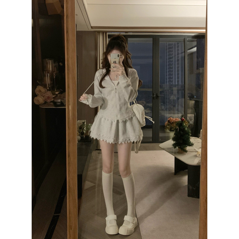 Real Shot of Large Size New Korean Style Spliced ​​Lace Waist Hooded Sweatshirt Jacket + Skirt Two-Piece Set