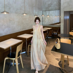 リゾートスタイルのタイダイVネックノースリーブホルターネックドレス、女性用、夏のデザイン、ゆったりとしたスカート、気質、ロングスカート