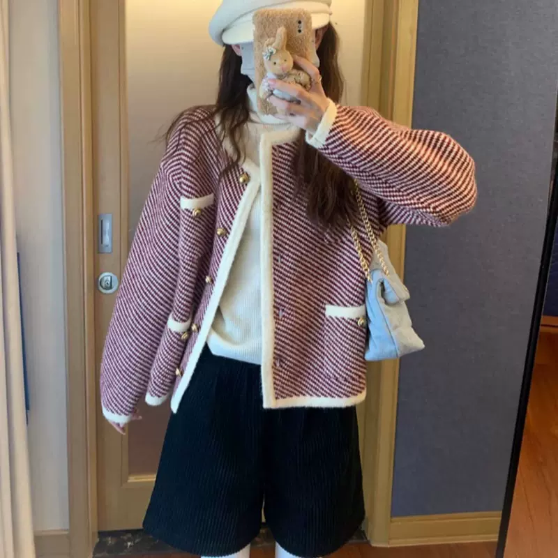 法式高级感撞色斜纹小香风外套女装秋冬新款气质休闲百搭针织开衫