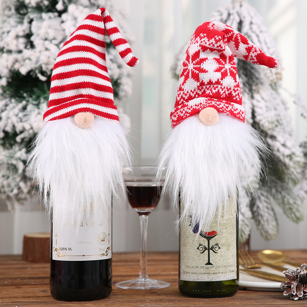 Haube New Christmas Decoration Knitted Hat Forest Old Man Wine Set Faceless Doll Wine Cover Wine Bottle Decoration_voghion.com