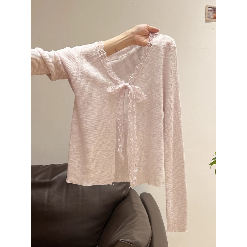 Light Pink V Neck Long-Sleeved Sun Protection Clothing Lace Strap Slightly See-Through Cardigan for Women 2025 Summer Thin Lazy Top