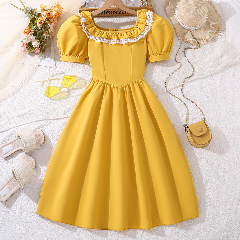 Girls' Summer French Elegant Style Dress Square Neck Puff Sleeve Princess Mid To Large Children's Clothing_voghion.com
