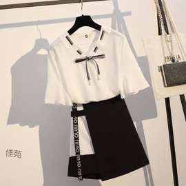 单/套装女夏新款韩版荷叶袖雪纺衫+半身裙两件套松紧腰带内衬裙子