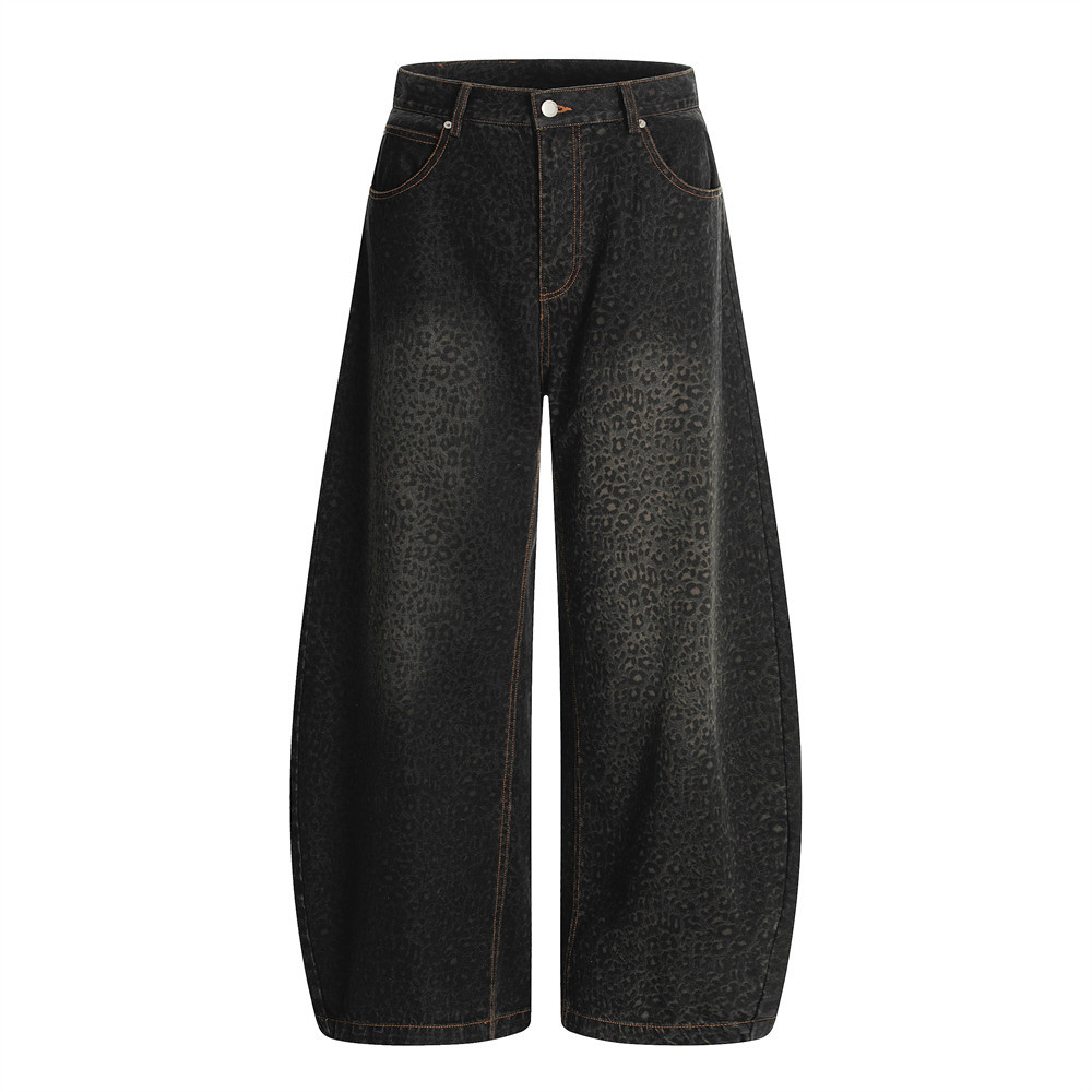 Retro Leopard Print Men's Jeans - High Street Vintage Wide Leg Trousers With Distressed Washed Finish_mkmklike.com