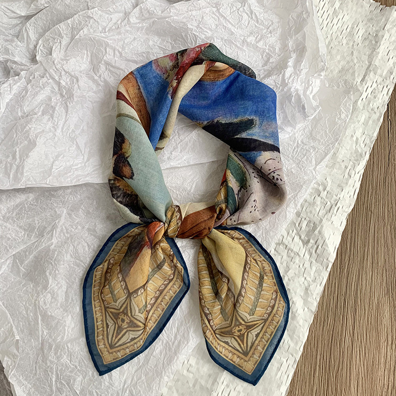 Bufanda de seda, bufanda cuadrada pequeña, pintura al óleo de Van Gogh, bufanda pequeña de seda de imitación de impresión exquisita, bufanda en la cabeza de moda, mantón exterior