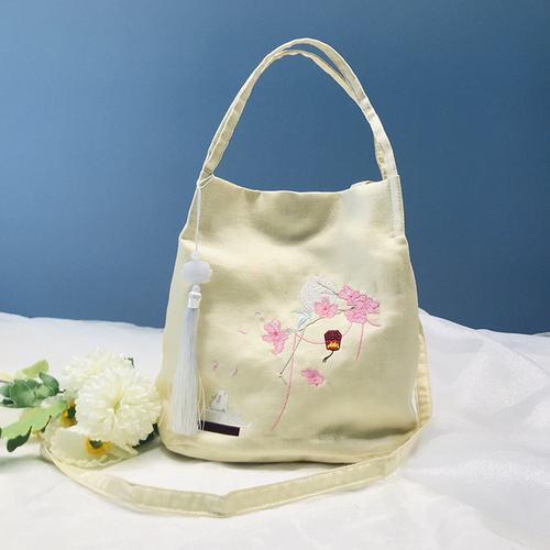 Cotton and linen bags, ancient style Han elements, Hanfu cross-body large suction buckle bucket bag, Chinese style floral retro embroidery bag