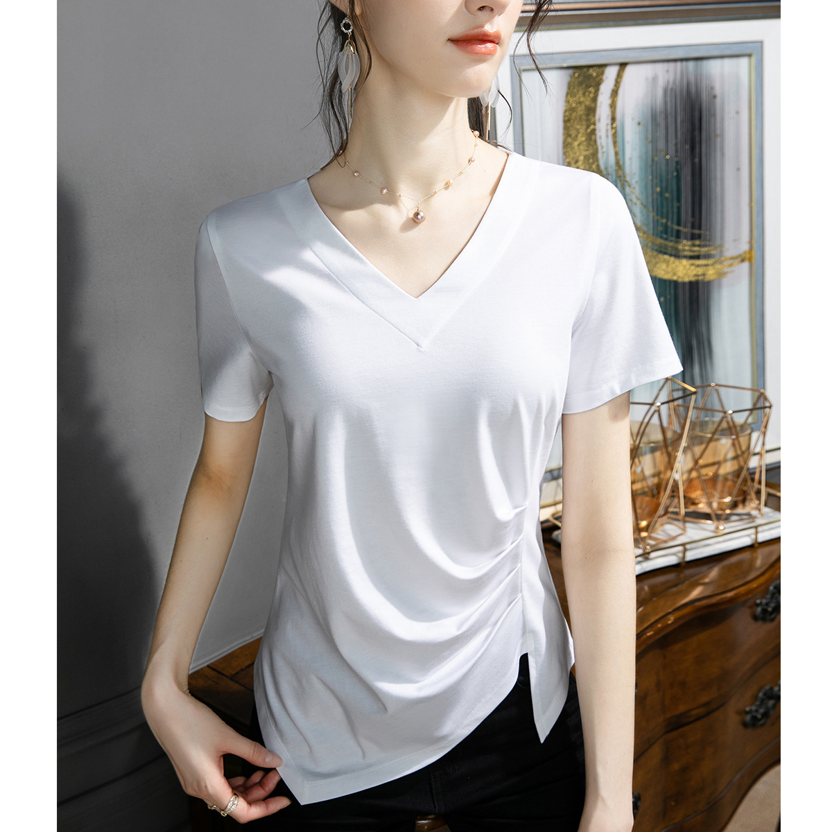 Camiseta de manga corta ropa de mujer 2025 nueva ropa de mujer con aberturas irregulares, top fino y elegante, camiseta de algodón, cabello de una pieza