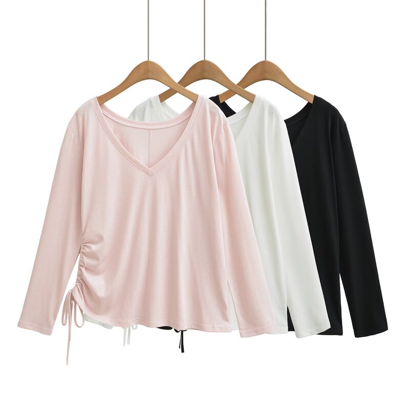 Women's long-sleeve sports top, loose-fitting, slimming, with side ruffles, suitable for fitness and yoga