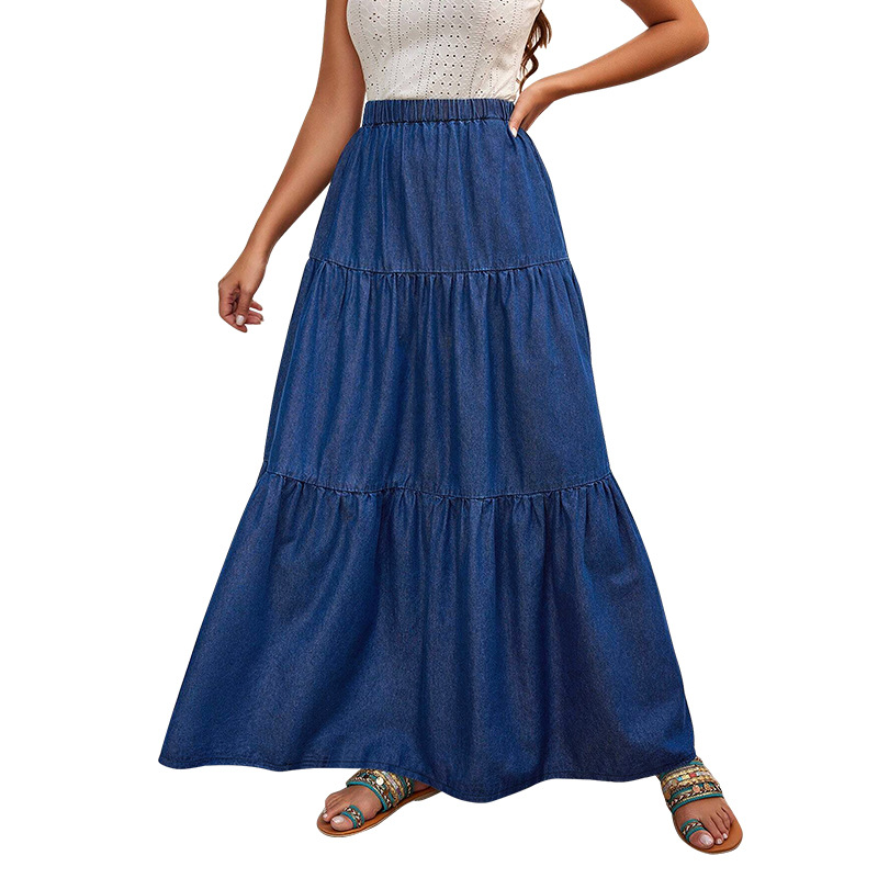 Jupe maxi en jean grande taille avec poches en coton stretch_voghion.com