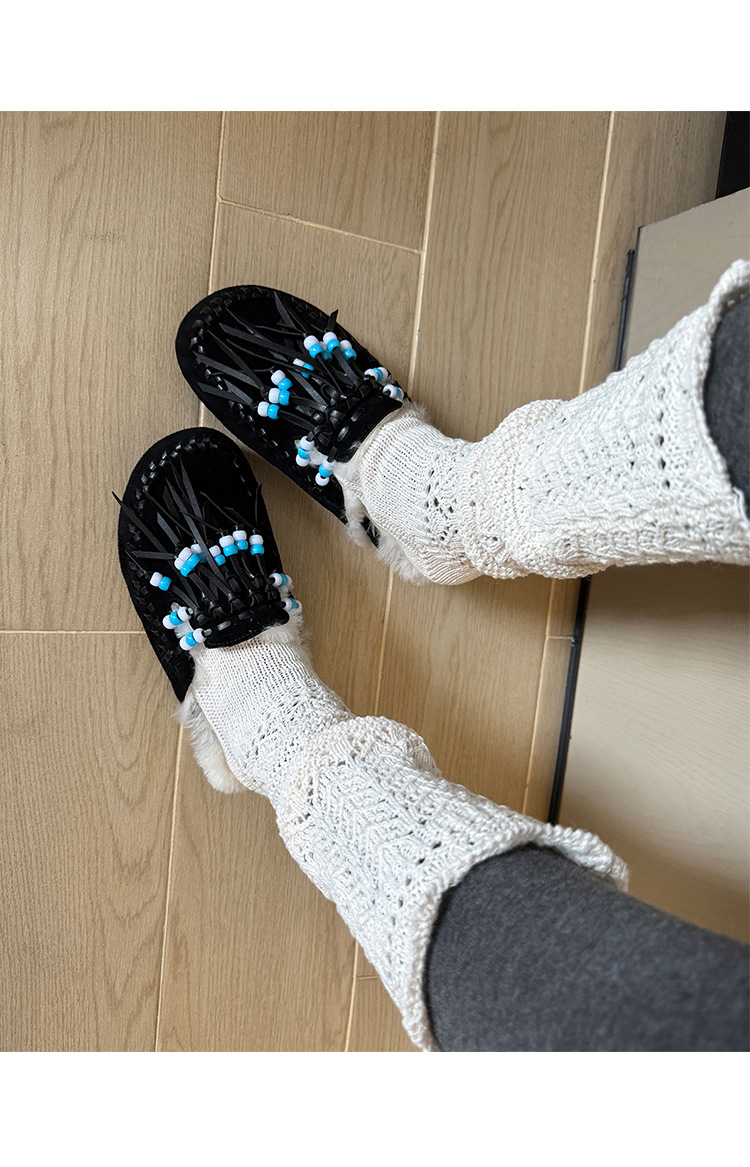 Guốc lười lông dày nữ mũi tròn kiểu Birkenstock có tua rua và hạt — màu nâu chi tiết 22